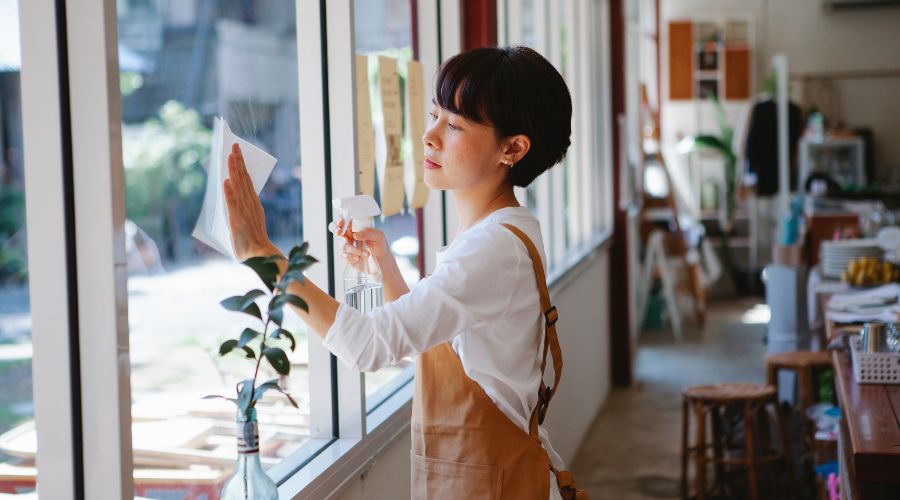 窓を拭いている女性