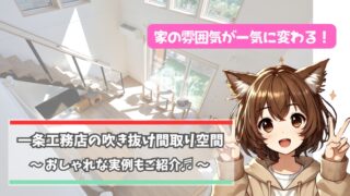 一条工務店の吹き抜けの間取り空間について解説している女性