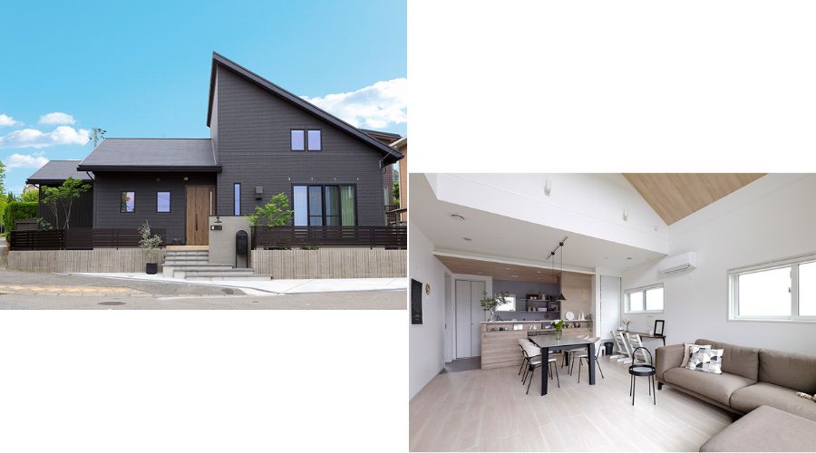 一条工務店平屋外観とリビング内装