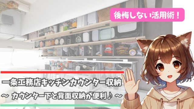一条工務店のキッチンカウンターと背面収納について解説している女性