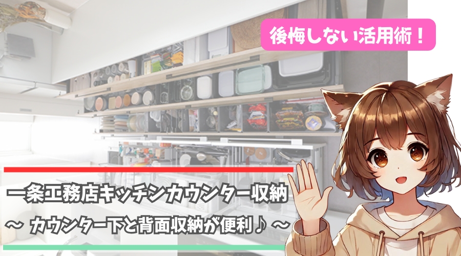 一条工務店のキッチンカウンターと背面収納について解説している女性