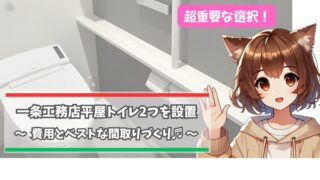 一条工務店の平屋にトイレを2つ設置することについて解説している女性