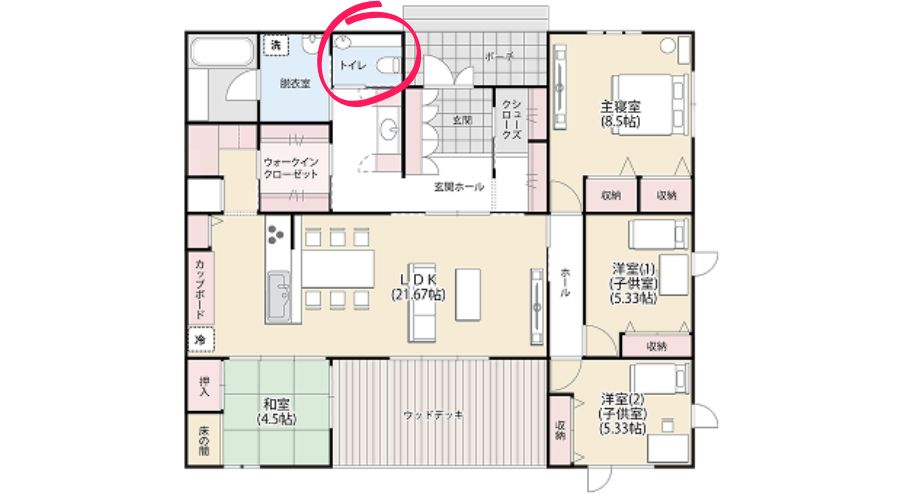 一条工務店の平屋にトイレを1つ設置した間取り図