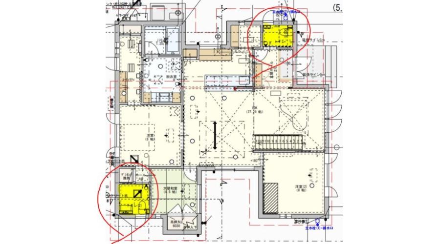 一条工務店の平屋にトイレを2つ設置している間取り図